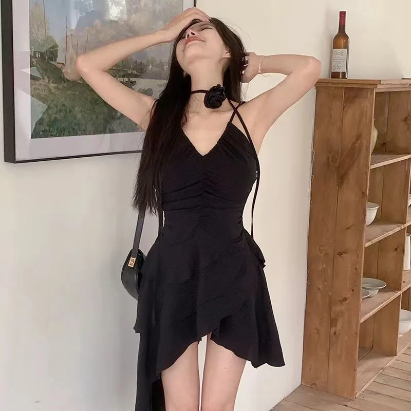 Gothic Black Sling Dress Korean Y2K Korean Chic Rose Halter Irregular Dress Female Fashion Sexy Slim Party Backless Camisole New