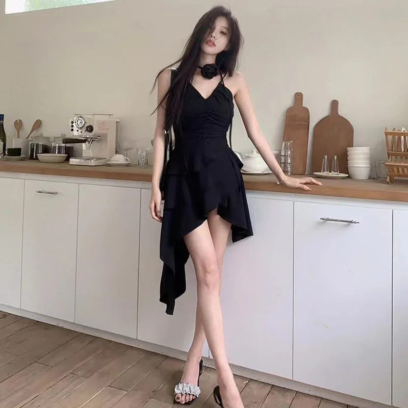 Gothic Black Sling Dress Korean Y2K Korean Chic Rose Halter Irregular Dress Female Fashion Sexy Slim Party Backless Camisole New