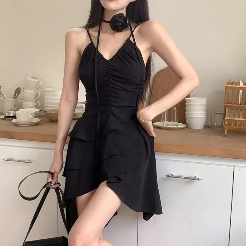 Gothic Black Sling Dress Korean Y2K Korean Chic Rose Halter Irregular Dress Female Fashion Sexy Slim Party Backless Camisole New