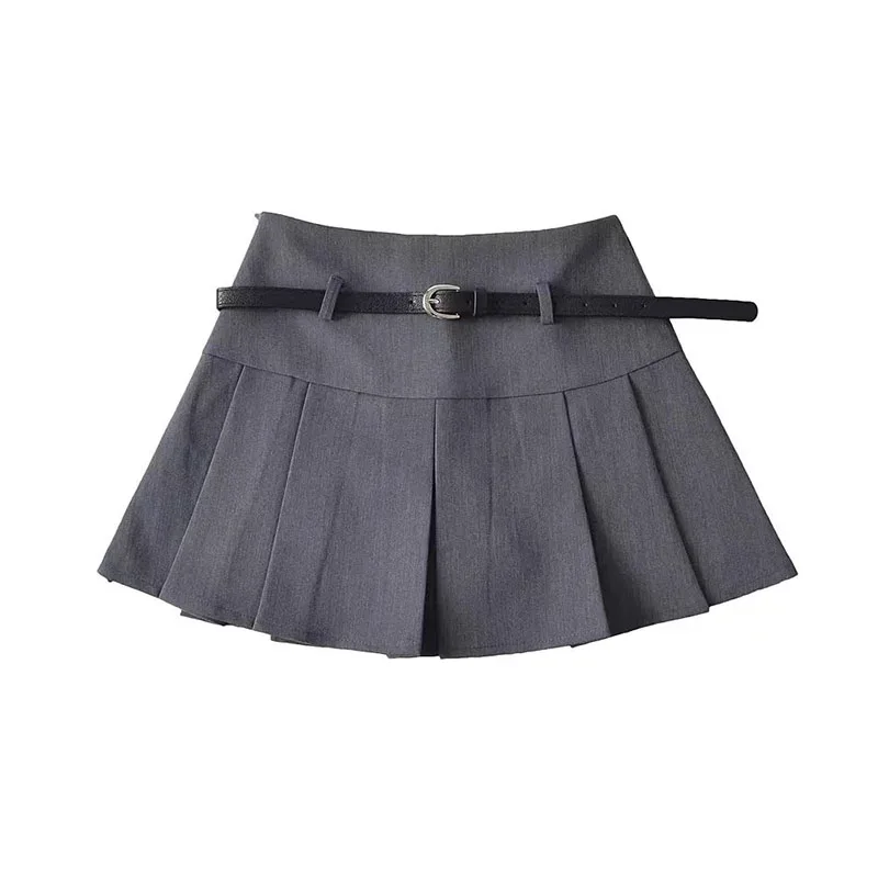 Grey Belt Pleated Skirts Women Y2K Summer High Waist Streetwear Mini Skirts Korean Girl Preppy Uniform All Match A Line Skirts