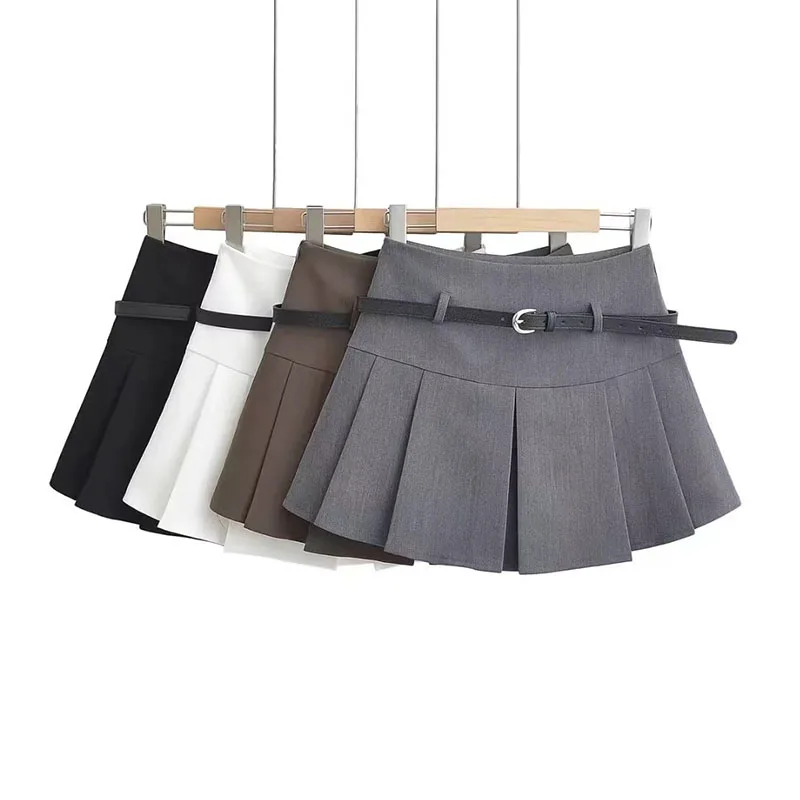 Grey Belt Pleated Skirts Women Y2K Summer High Waist Streetwear Mini Skirts Korean Girl Preppy Uniform All Match A Line Skirts