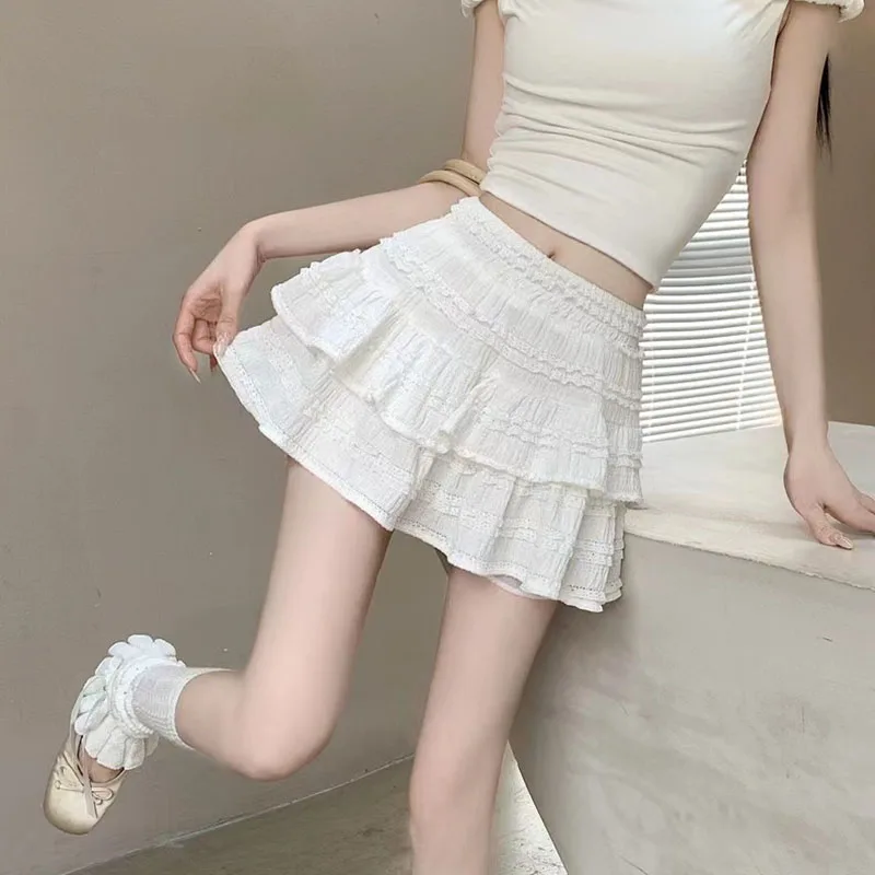 High Waist Cake Skirts Women Summer Korean Sweet Preppy Ruffle Tutu Skirts Female Solid Chic Ball Gown All-match Mini Skirts