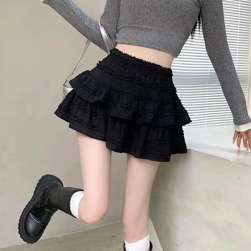 High Waist Cake Skirts Women Summer Korean Sweet Preppy Ruffle Tutu Skirts Female Solid Chic Ball Gown All-match Mini Skirts