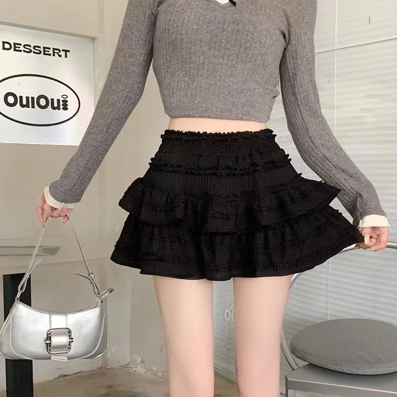 High Waist Cake Skirts Women Summer Korean Sweet Preppy Ruffle Tutu Skirts Female Solid Chic Ball Gown All-match Mini Skirts