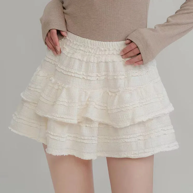 High Waist Cake Skirts Women Summer Korean Sweet Preppy Ruffle Tutu Skirts Female Solid Chic Ball Gown All-match Mini Skirts