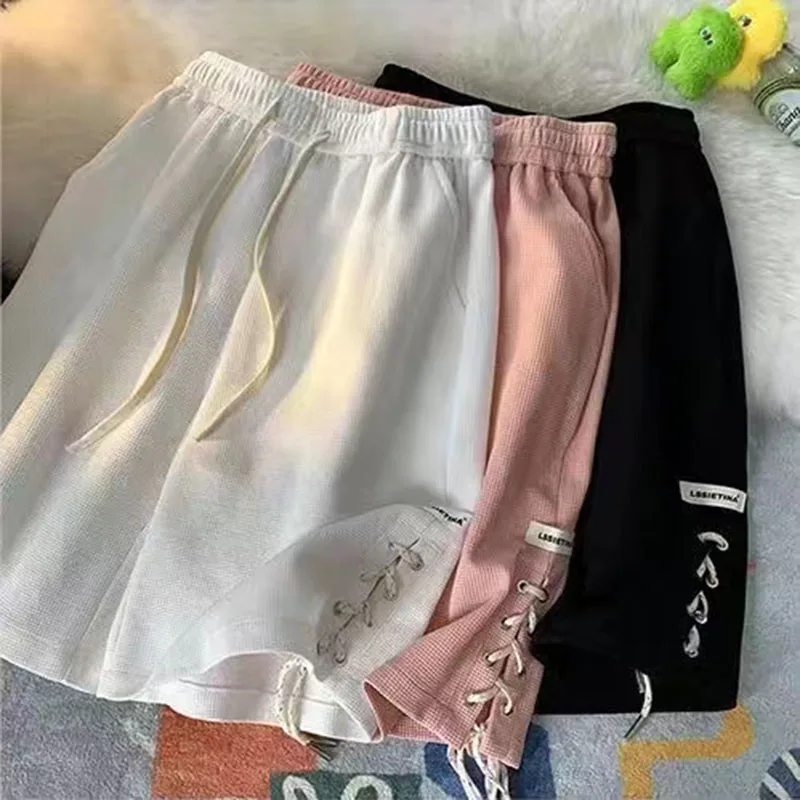 High Waist Casual Wide Leg Shorts Women Y2k Summer Loose Drawstring Lace Up Jogging Pants BF Fashion Baggy All-match Sweatpants