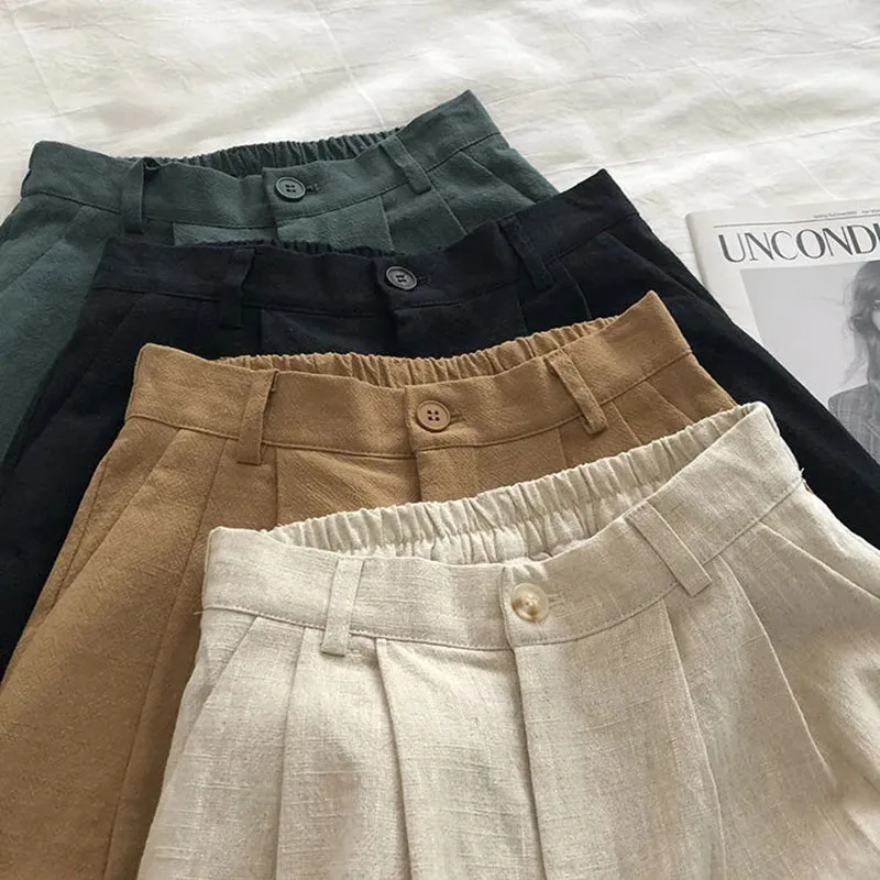 High Waist Cotton Linen Wide Leg Shorts Women Summer Solid Loose Simple Pants Korean Lady Baggy Casual Knee Length Shorts New