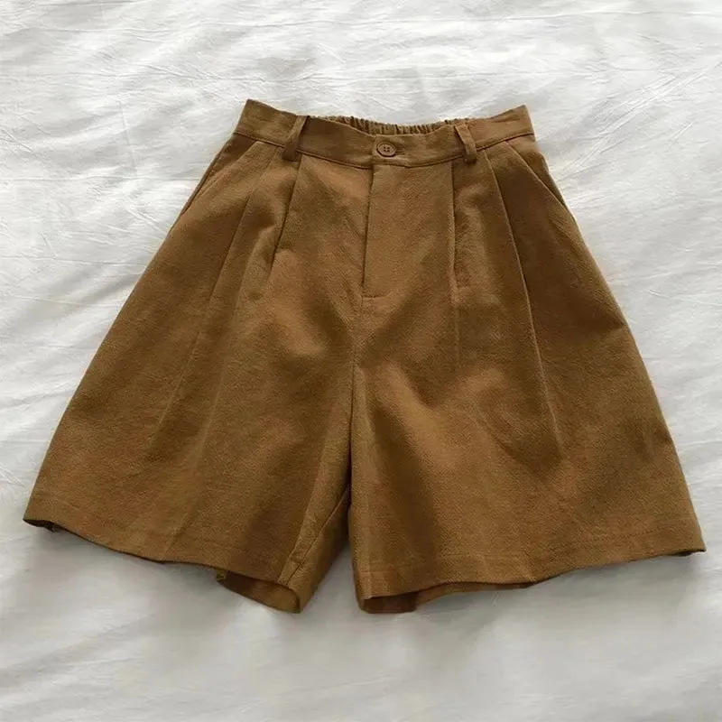 High Waist Cotton Linen Wide Leg Shorts Women Summer Solid Loose Simple Pants Korean Lady Baggy Casual Knee Length Shorts New