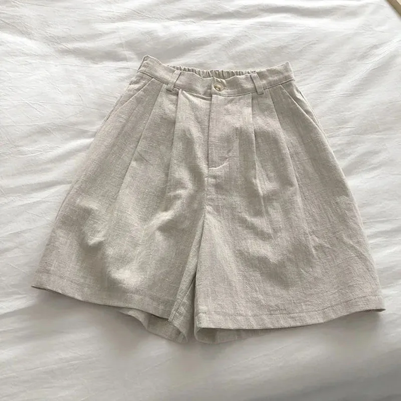 High Waist Cotton Linen Wide Leg Shorts Women Summer Solid Loose Simple Pants Korean Lady Baggy Casual Knee Length Shorts New