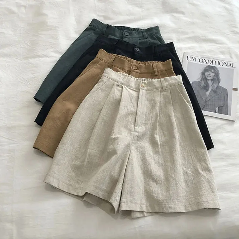 High Waist Cotton Linen Wide Leg Shorts Women Summer Solid Loose Simple Pants Korean Lady Baggy Casual Knee Length Shorts New