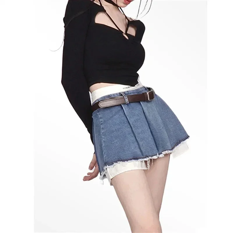 High Waist No Belt Denim Skirts Women Fashion Korean Patchwork Mini Skirts Female Streetwear All-match Tassels Jeans Skirts New