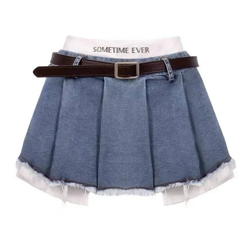 High Waist No Belt Denim Skirts Women Fashion Korean Patchwork Mini Skirts Female Streetwear All-match Tassels Jeans Skirts New