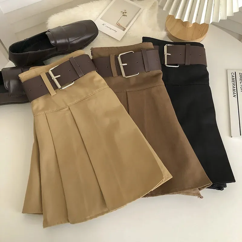 High Waist with Belt Pleated Skirts Women Y2K Summer Korean Streetwear Mini Skirt Female Solid Preppy All Match A Line Skirt New