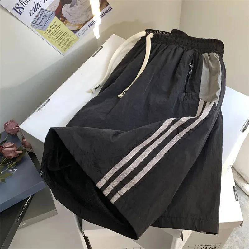 Striped Shorts Women Summer Streetwear Thin Loose Wide Leg Shorts Bf Korean High Waist Couple Oversized Sports Shorts New