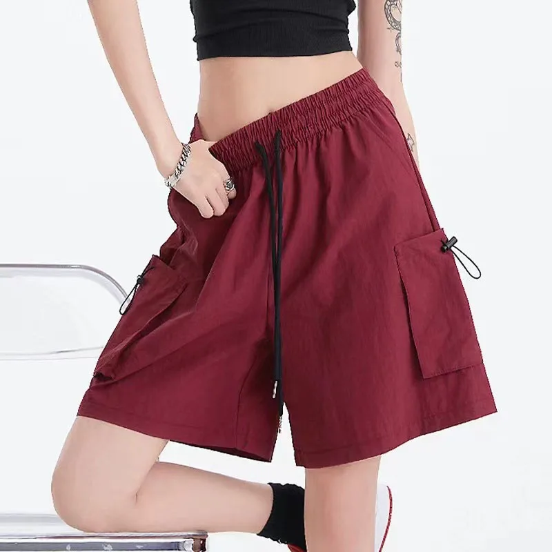 Summer Baggy Cargo Shorts Women Y2K Fashion American Loose Drawstring Wide Leg Pants High Waist Streetwear Solid Sports Shorts