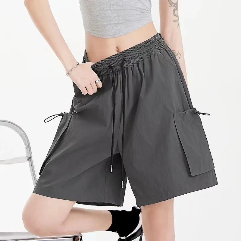 Summer Baggy Cargo Shorts Women Y2K Fashion American Loose Drawstring Wide Leg Pants High Waist Streetwear Solid Sports Shorts