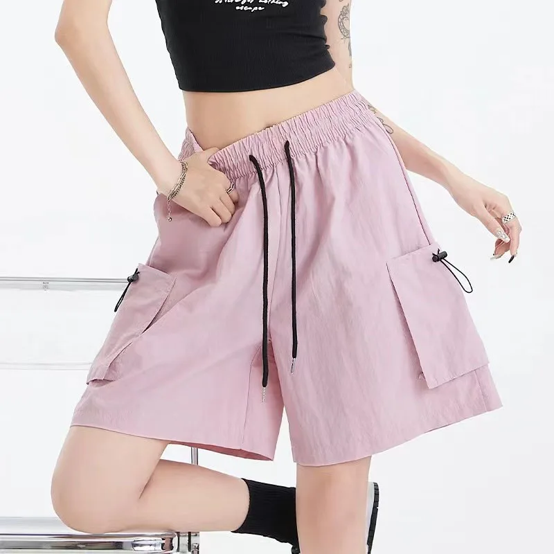 Summer Baggy Cargo Shorts Women Y2K Fashion American Loose Drawstring Wide Leg Pants High Waist Streetwear Solid Sports Shorts