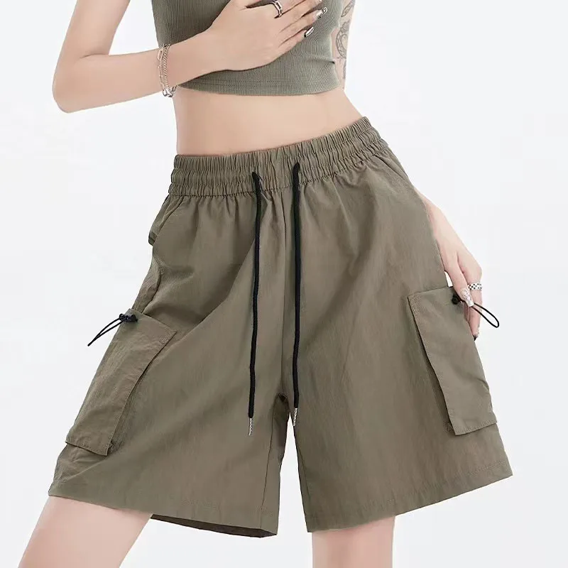 Summer Baggy Cargo Shorts Women Y2K Fashion American Loose Drawstring Wide Leg Pants High Waist Streetwear Solid Sports Shorts