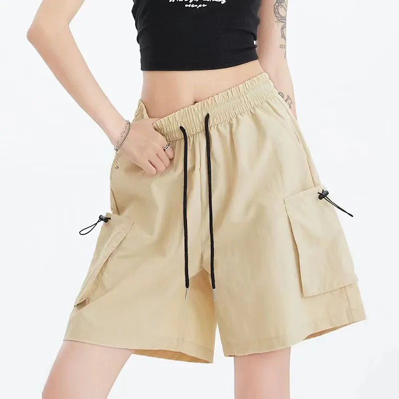 Summer Baggy Cargo Shorts Women Y2K Fashion American Loose Drawstring Wide Leg Pants High Waist Streetwear Solid Sports Shorts