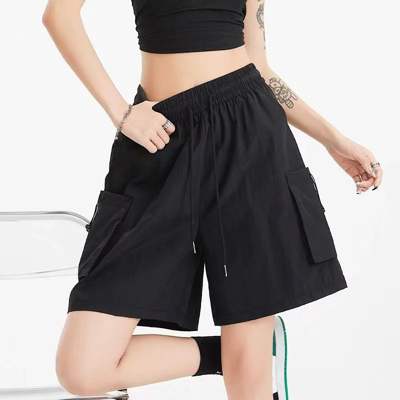 Summer Baggy Cargo Shorts Women Y2K Fashion American Loose Drawstring Wide Leg Pants High Waist Streetwear Solid Sports Shorts