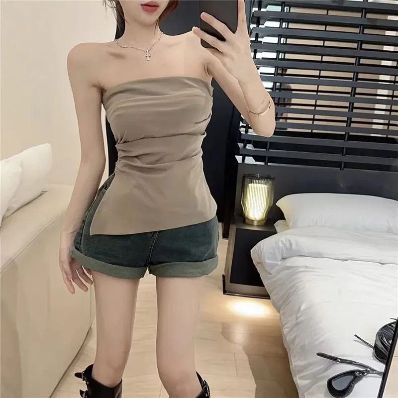 Summer Sexy Sleeveless Vest Women Fashion Streetwear Irregular Split Tops Y2K Korean Folds Waist Bottoming Wrap Tops New