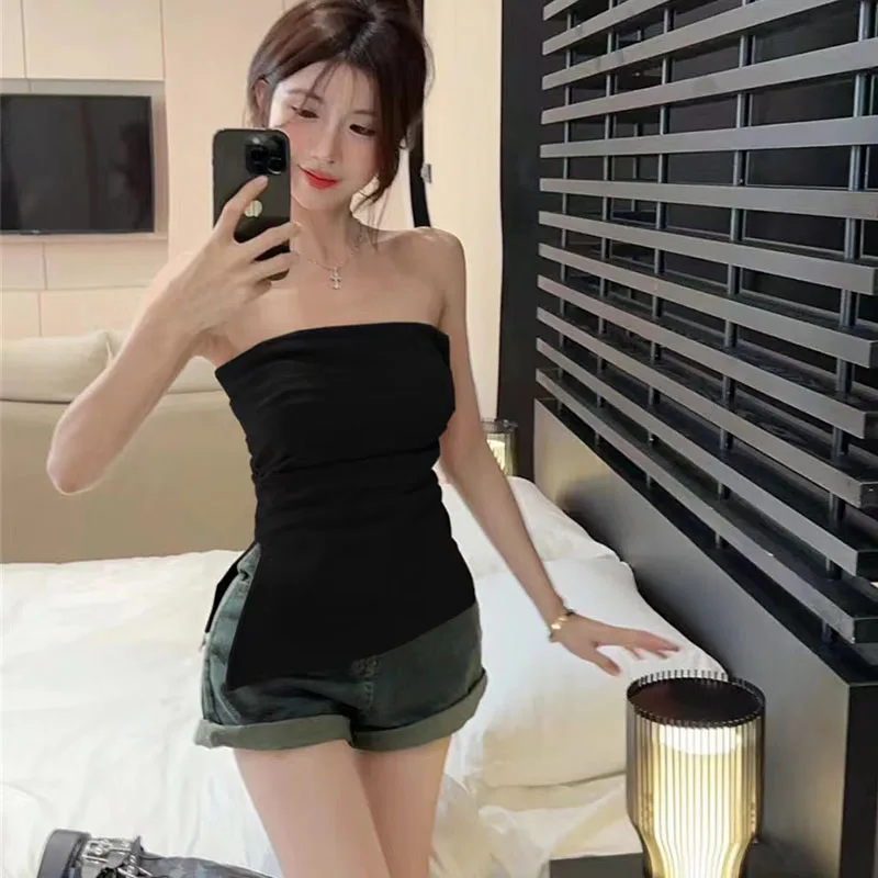 Summer Sexy Sleeveless Vest Women Fashion Streetwear Irregular Split Tops Y2K Korean Folds Waist Bottoming Wrap Tops New