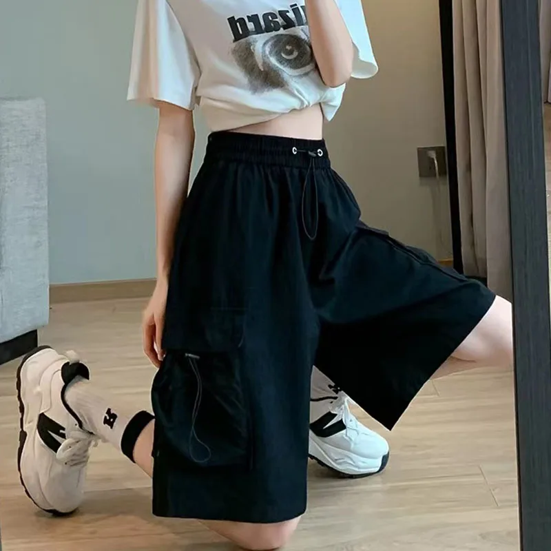 Summer Thin Cargo Shorts Women Y2K Loose Fashion Drawstring Pocket Shorts Bf Baggy Korean Streetwear Wide Leg Knee-Length Pants