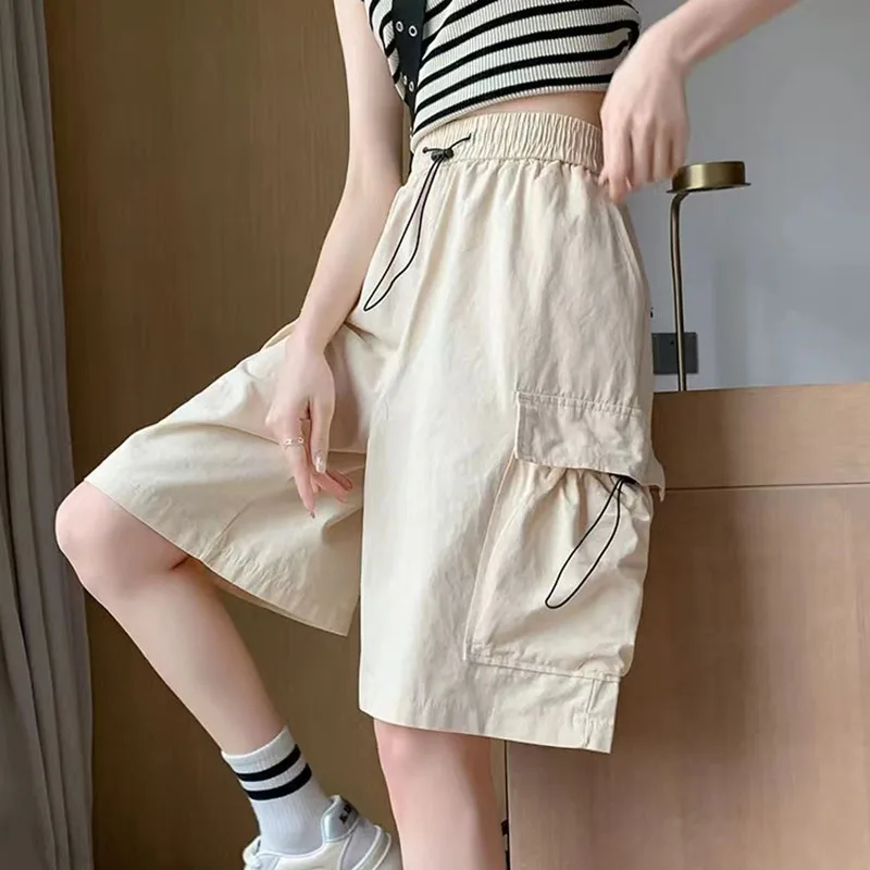 Summer Thin Cargo Shorts Women Y2K Loose Fashion Drawstring Pocket Shorts Bf Baggy Korean Streetwear Wide Leg Knee-Length Pants