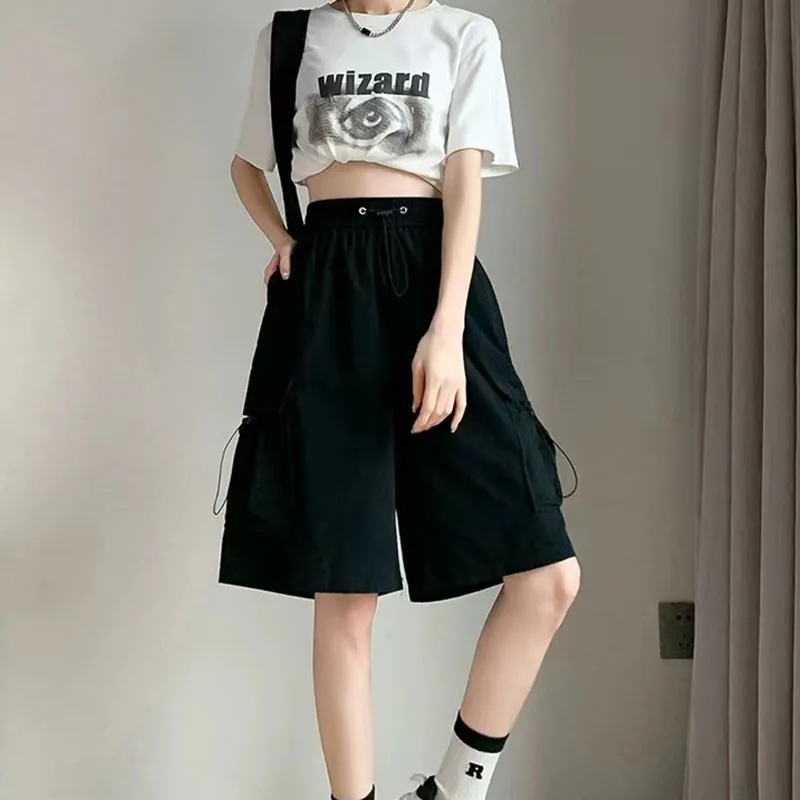 Summer Thin Cargo Shorts Women Y2K Loose Fashion Drawstring Pocket Shorts Bf Baggy Korean Streetwear Wide Leg Knee-Length Pants