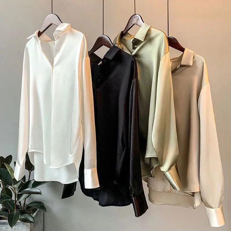 Vintage Satin Women Blouse Korean Harajuku Long Sleeve Lapel Button Shirt Solid All-match Work Office Ladies Casual Tops New