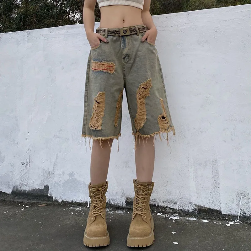 Women Vintage Hole Denim Shorts Y2K Hip Hop High Street Jeans Shorts Bf Summer Baggy All Match Wide Leg Short Pants