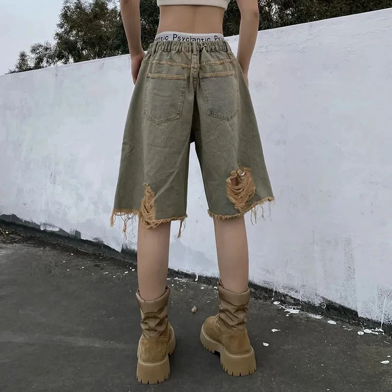 Women Vintage Hole Denim Shorts Y2K Hip Hop High Street Jeans Shorts Bf Summer Baggy All Match Wide Leg Short Pants