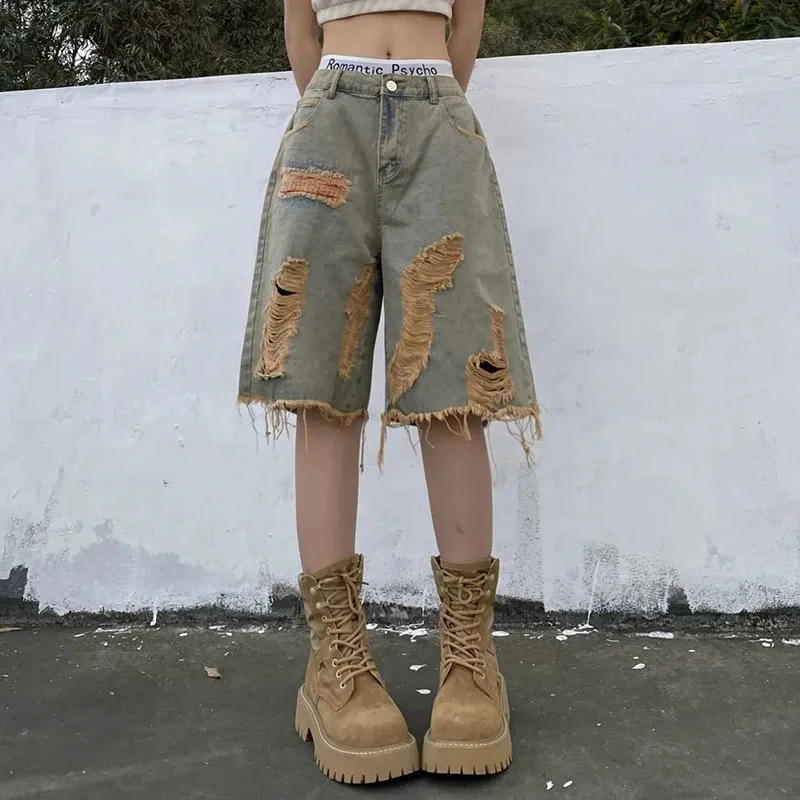 Women Vintage Hole Denim Shorts Y2K Hip Hop High Street Jeans Shorts Bf Summer Baggy All Match Wide Leg Short Pants