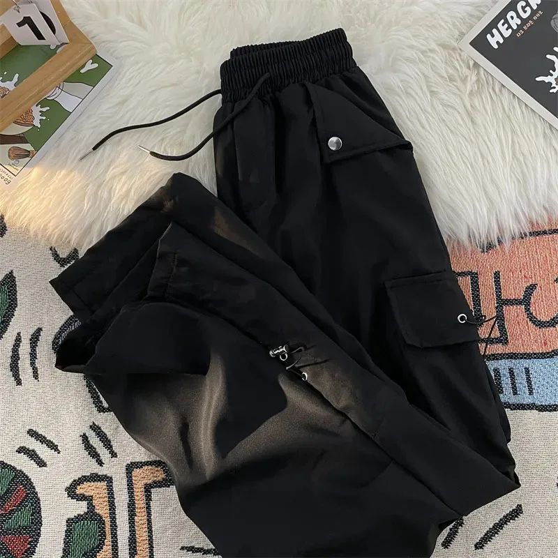 Y2K Baggy Punk Cargo Pants Women Vintage Streetwear Pocket Drawstring Trousers BF High Waist Korean Joggers Wide Leg Pants