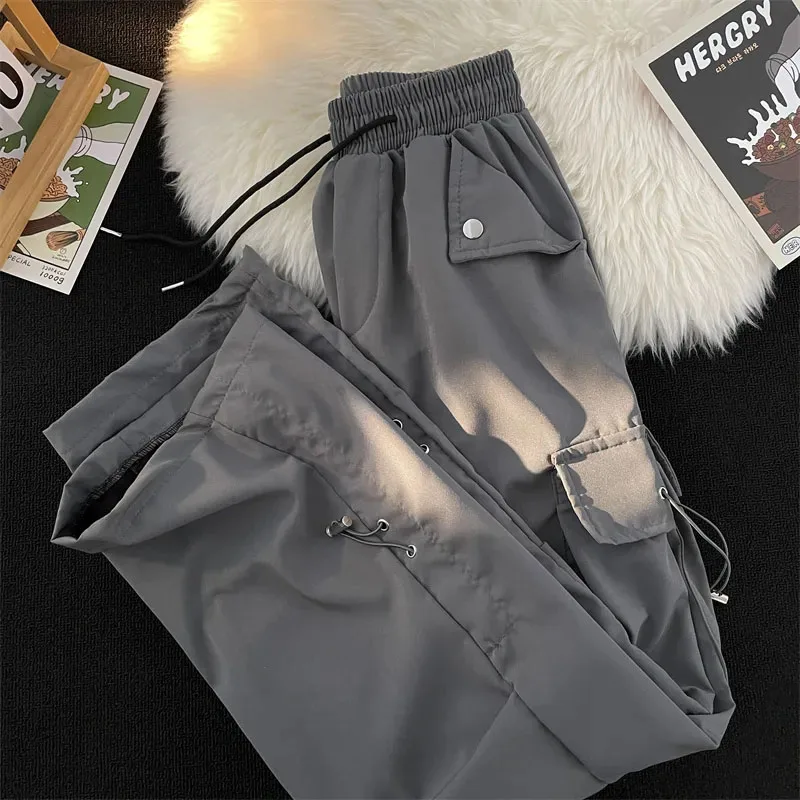 Y2K Baggy Punk Cargo Pants Women Vintage Streetwear Pocket Drawstring Trousers BF High Waist Korean Joggers Wide Leg Pants