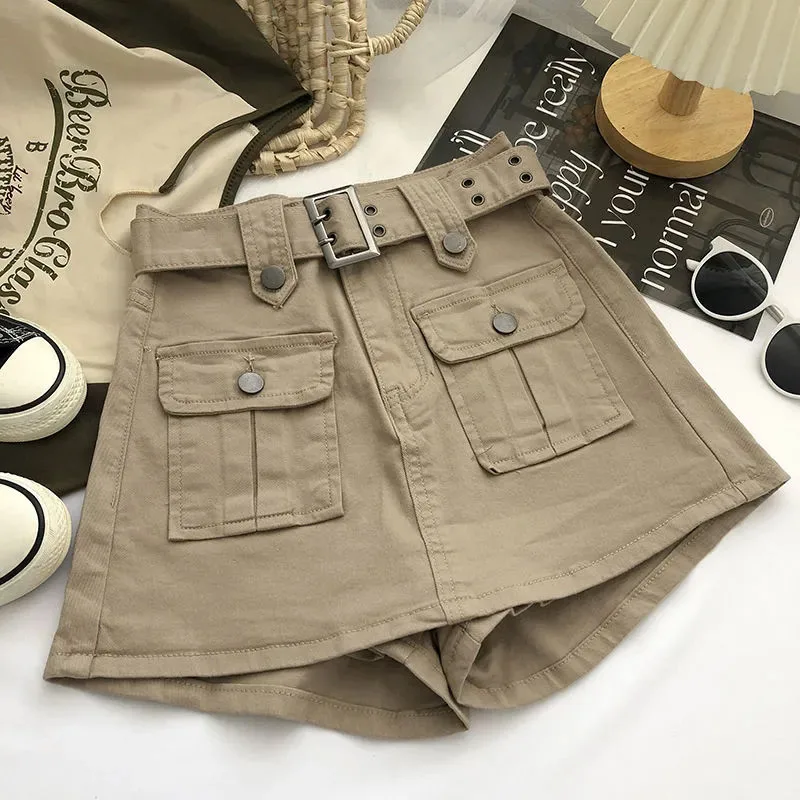 Y2K High Waist Cargo Skirts Women Fashion Korean Chic with Belt Short Culotte Skirts Female Pocket Streetwear Jean Mini Skirts