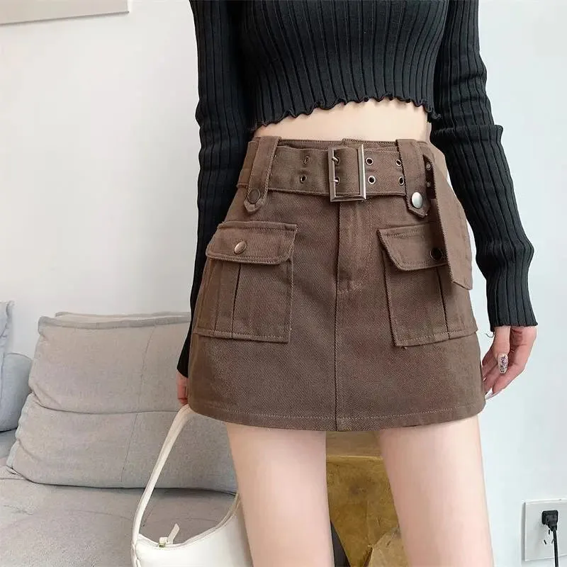 Y2K High Waist Cargo Skirts Women Fashion Korean Chic with Belt Short Culotte Skirts Female Pocket Streetwear Jean Mini Skirts