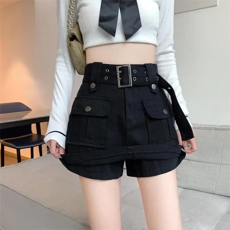 Y2K High Waist Cargo Skirts Women Fashion Korean Chic with Belt Short Culotte Skirts Female Pocket Streetwear Jean Mini Skirts