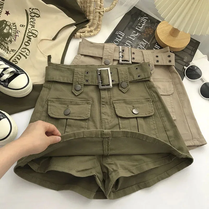 Y2K High Waist Cargo Skirts Women Fashion Korean Chic with Belt Short Culotte Skirts Female Pocket Streetwear Jean Mini Skirts