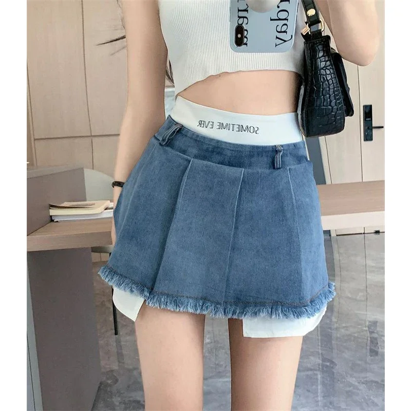 Y2K Streetwear Tassel Denim Mini Skirt Women High Waist No Belt Patchwork Pleated Jeans Skirt Korean Fashion Casual A Line Skirt