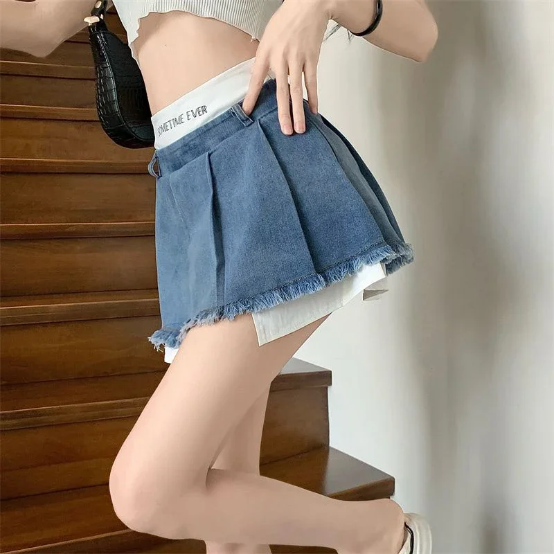 Y2K Streetwear Tassel Denim Mini Skirt Women High Waist No Belt Patchwork Pleated Jeans Skirt Korean Fashion Casual A Line Skirt