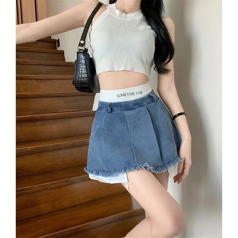 Y2K Streetwear Tassel Denim Mini Skirt Women High Waist No Belt Patchwork Pleated Jeans Skirt Korean Fashion Casual A Line Skirt