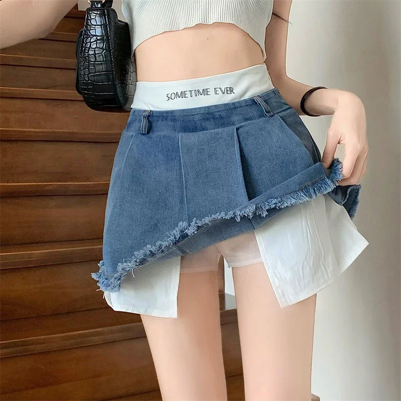 Y2K Streetwear Tassel Denim Mini Skirt Women High Waist No Belt Patchwork Pleated Jeans Skirt Korean Fashion Casual A Line Skirt