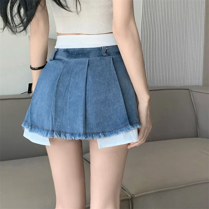 Y2K Streetwear Tassel Denim Mini Skirt Women High Waist No Belt Patchwork Pleated Jeans Skirt Korean Fashion Casual A Line Skirt