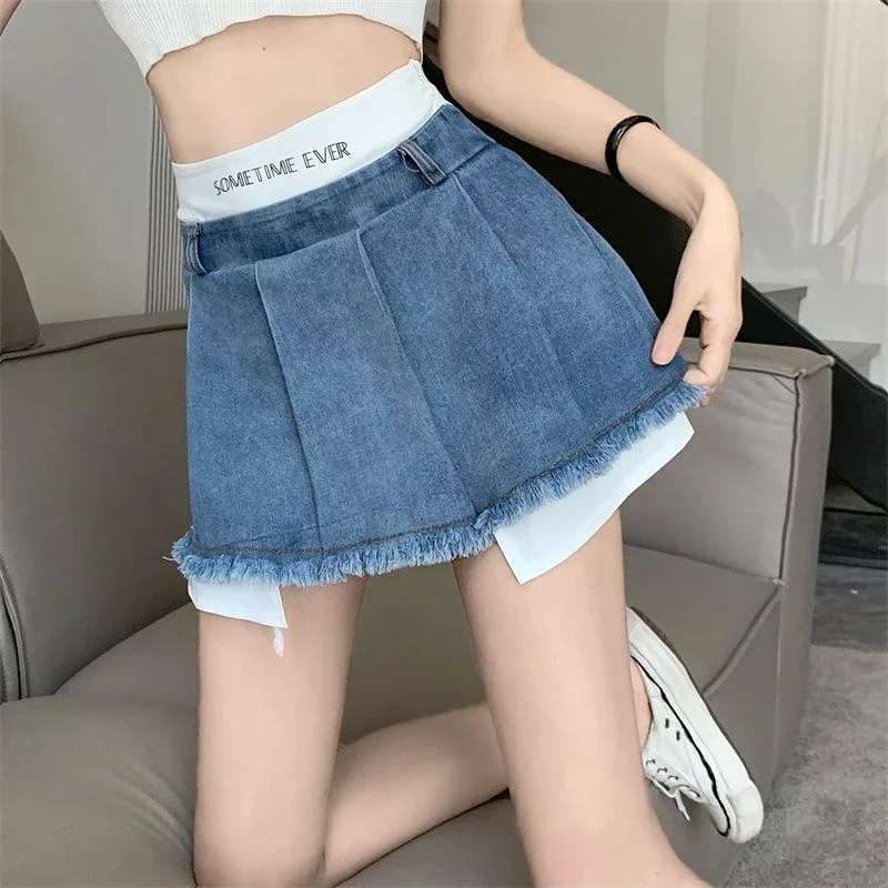 Y2K Streetwear Tassel Denim Mini Skirt Women High Waist No Belt Patchwork Pleated Jeans Skirt Korean Fashion Casual A Line Skirt