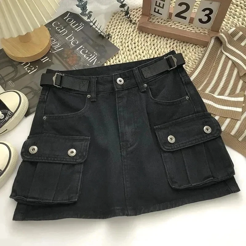 Y2K Vintage Denim Skirts for Women High Waist Korean Slim Pocket Cargo Skirts Ladies Streetwear Solid Sexy Slim Mini Skirts