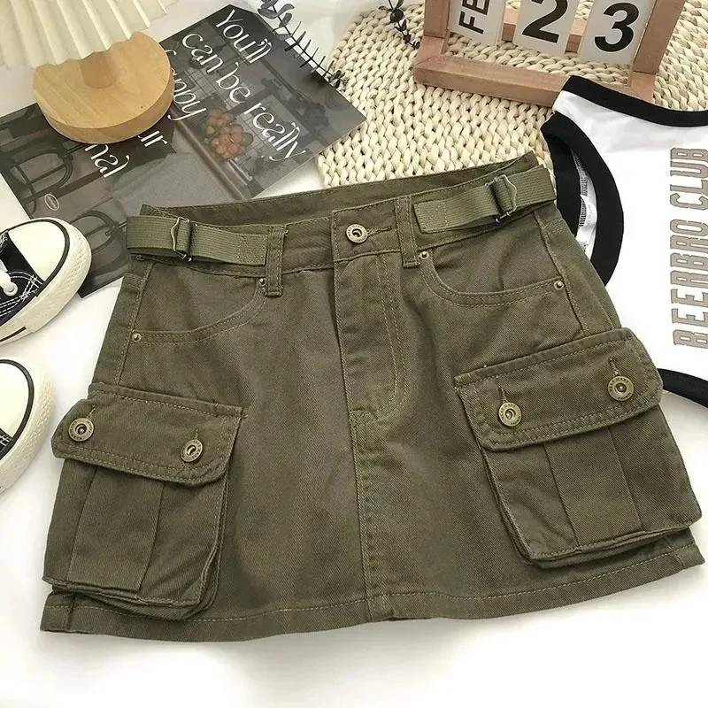 Y2K Vintage Denim Skirts for Women High Waist Korean Slim Pocket Cargo Skirts Ladies Streetwear Solid Sexy Slim Mini Skirts