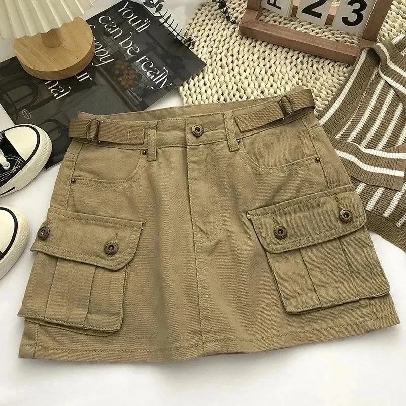 Y2K Vintage Denim Skirts for Women High Waist Korean Slim Pocket Cargo Skirts Ladies Streetwear Solid Sexy Slim Mini Skirts