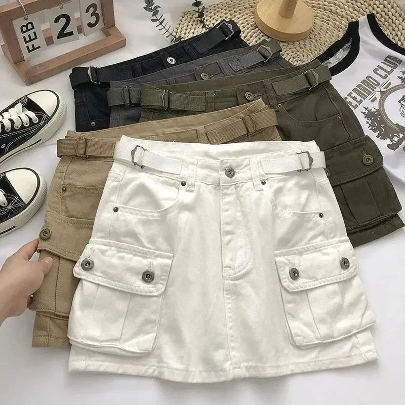 Y2K Vintage Denim Skirts for Women High Waist Korean Slim Pocket Cargo Skirts Ladies Streetwear Solid Sexy Slim Mini Skirts