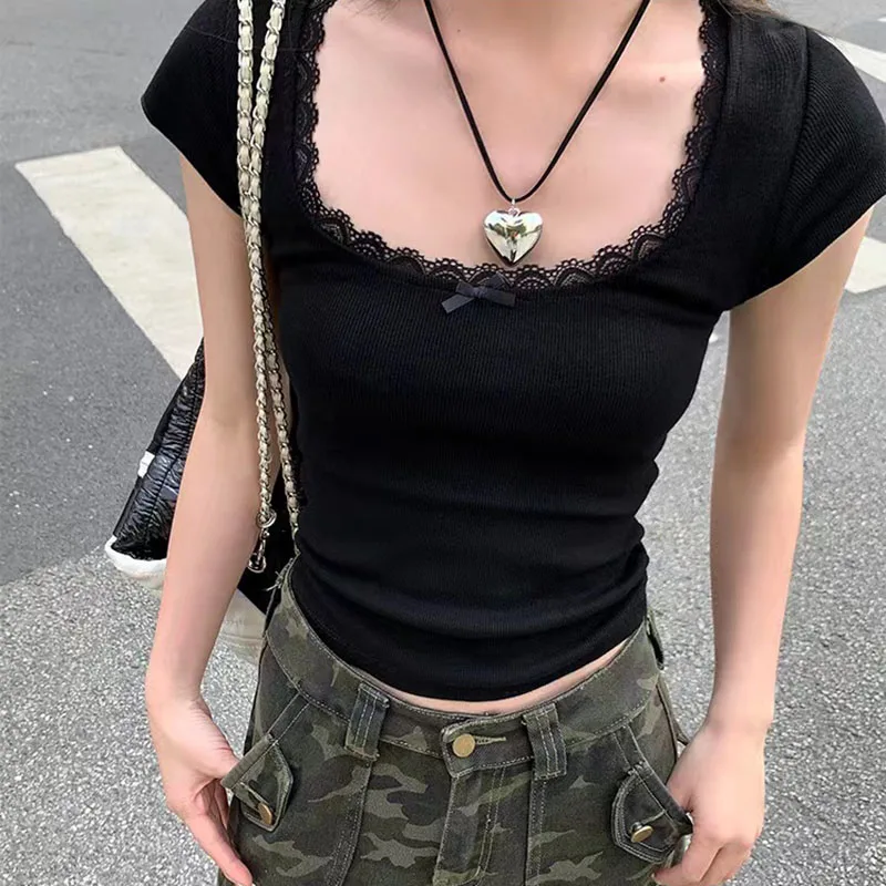 Y2k Lace Patchwork Crop T-shirt Women Vintage Streetwear Sexy Slim U Neck Tops Female Harajuku Korean Bow Chic Bottoming Tees